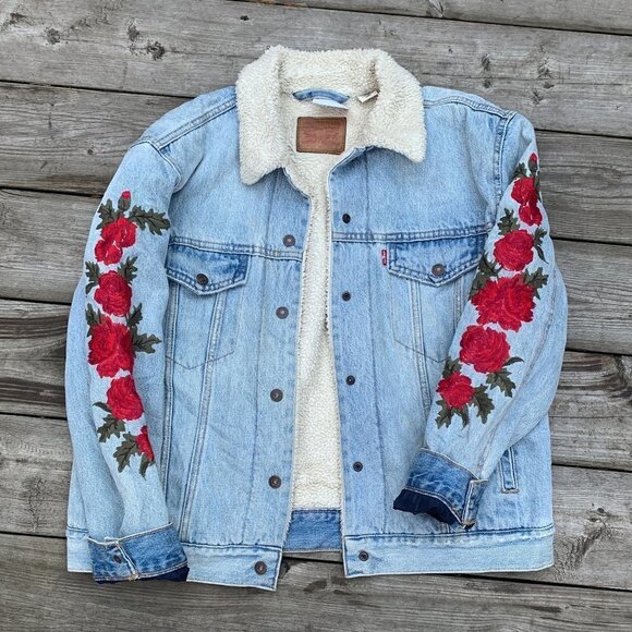 Sherpa Lined Levis Denim Rose Jean Jacket Large - Picture 2 of 11